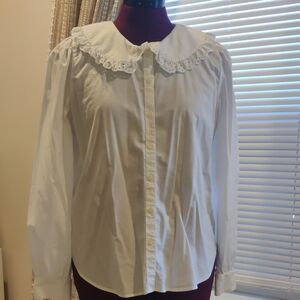 LOFT White Button Down Shirt with Lace Collar